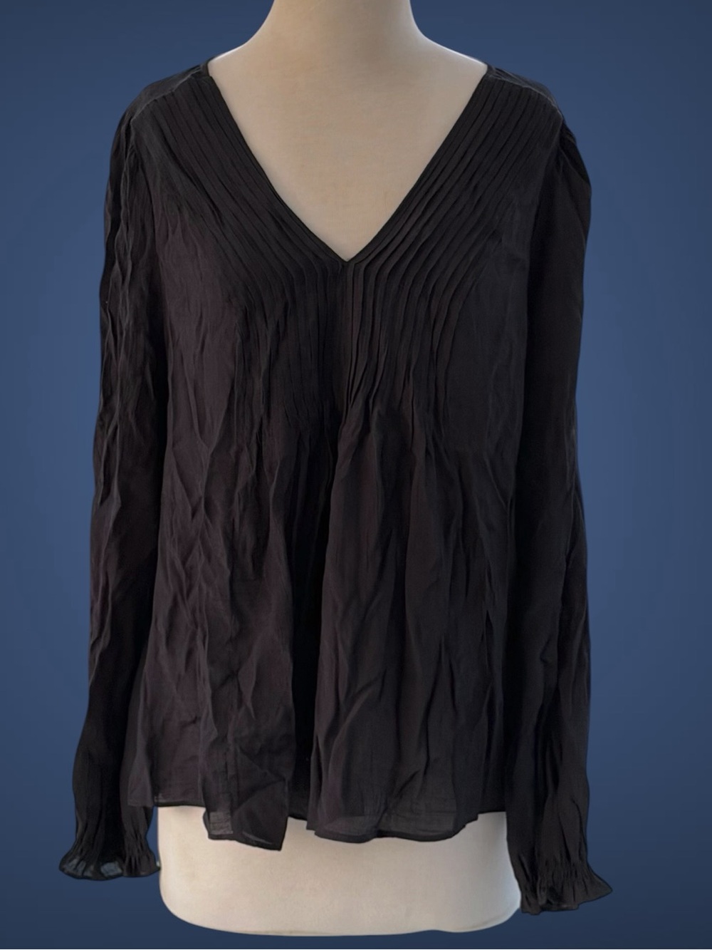 Nanette Lepore Black V-Neck Pleated Long-Sleeve Blouse